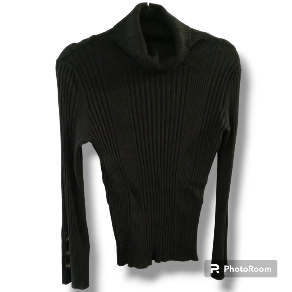 🤑 Time & Tru M 8-10 Black L/s Button Sleeve Turtle Neck Top